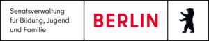 Logo der Berliner Senatsverwaltung für Bildung, Jugend und Familie ist rechteckig und in dreigeteilt: im linken Feld steht der Senat in der Mittel das Wort Berlin und im rechtne Feld befindet sich der Bär, das Stadtwappen von Berlin.